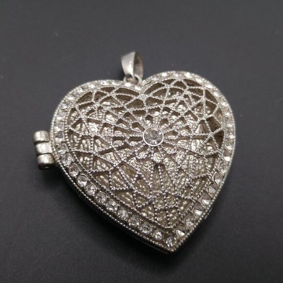 Vintage Rhinestone Heart Locket Pendant Silver Tone Filigree Perfume Holder - Picture 1 of 6